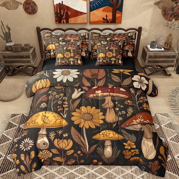 Homewish Bohemain Style Plant 7 Pieces Bedding Comforter Set,Rustic Mushroom Full Bedding Set,Brown Flower Floral Fitted Sheet Flat Sheet For Men Women,Microfiber Bedroom Decor Reversible