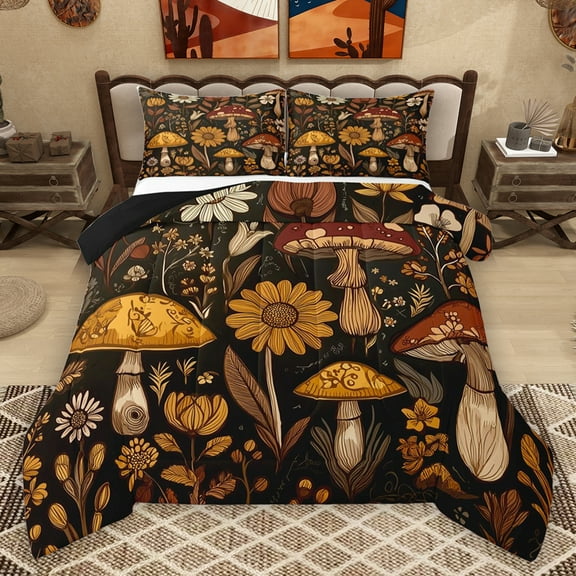 Homewish Bohemain Style Plant Bedding Comforter Set,Rustic Mushroom Twin Comforter Sets,Brown Flower Floral Bedding Set For Men Women,Microfiber Bedroom Decor Reversible,2pcs