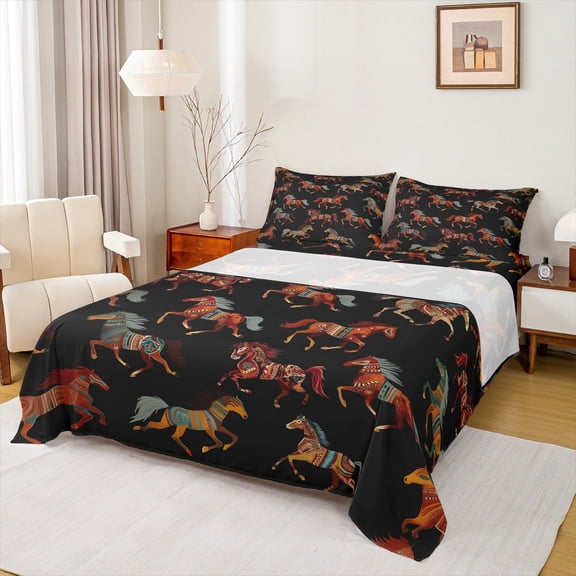 Homewish Bohemain Style Twin Sheet Sets,Rustic Western Aztec Twin Fitted Sheet,Rustic Farmhouse Horse Flat Sheet For Men Women,3-Piece