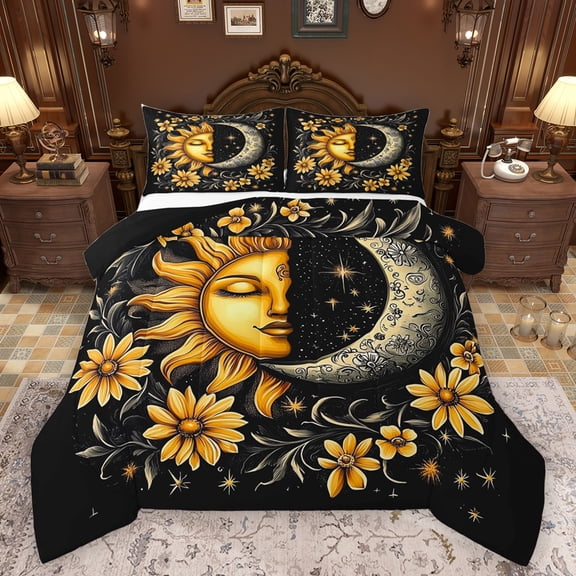 Homewish Bohemain Sun Moon Bedding Comforter Set,Rustic Western Boho Twin Comforter Sets,Gold Flower Floral Bedding Set For Adults,Microfiber Bedroom Decor Reversible,2-Piece