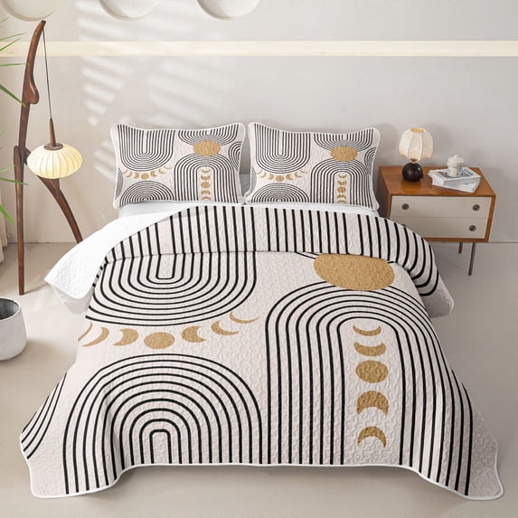 Homewish Bohemian Abstract Lines Twin Quilt Set,Mid-Century Artwork Twin Coverlet Set,Beige,2 Pieces