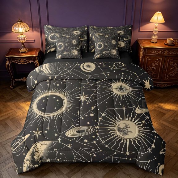 Homewish Bohemian Astrology Queen Bedding, Solar System Planets Bedding Comforter Set Queen, Black Reversible 7-Piece