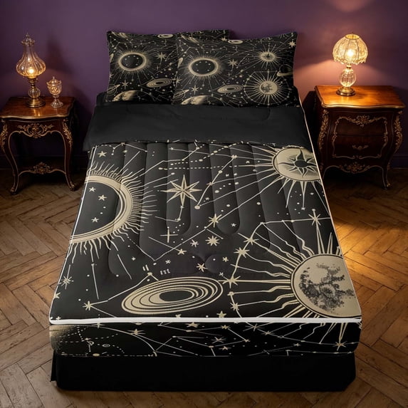 Homewish Bohemian Astrology Zipper Queen Comforter Set with Fitted Sheet and 2 Pillowcases, Solar System Planets Zipper Bedding Set, Black Reversible