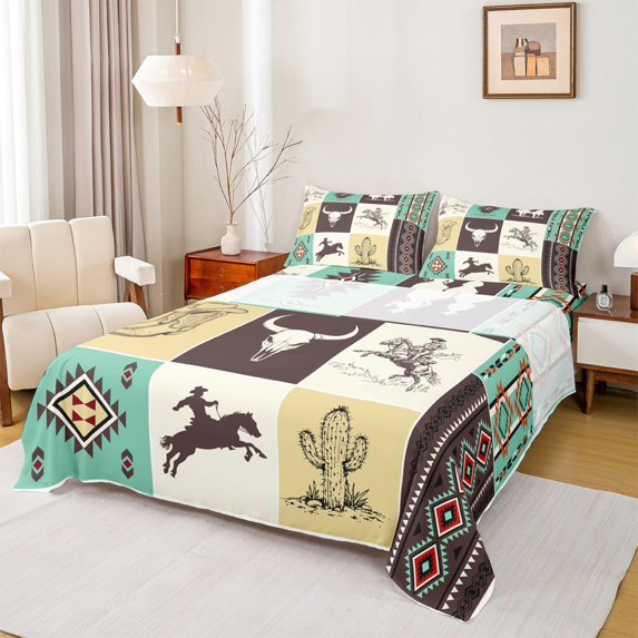 Homewish Bohemian Aztec Abstract Bed Sheets, Western Cowgirl Cowboy King Sheets, Rustic Cactus Sheet Set, Ultra Soft Bedroom Decor, 4 Pieces