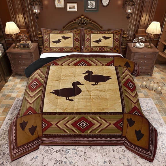 Homewish Bohemian Aztec Abstract Queen Comforter Set, Rustic Hunting Duck Bedding Sets, Southwestern Theme Reversible Bedding Comforter Set, Luxury Bedroom Decor, 3 Pieces