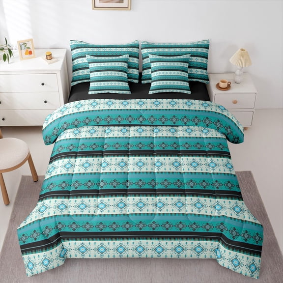 Homewish Bohemian Aztec Bedding Comforter Set 7-Piece for Female Men Women,Hippie Tribal Theme King Bedding Sets,Exotic Style Ultra Soft Bed Sheets,Microfiber Bedroom Decor,Reversible
