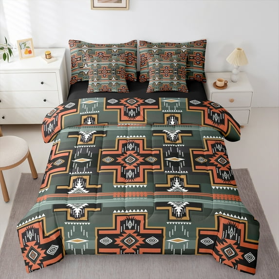 Homewish Bohemian Aztec Bedding Comforter Set 7-Piece for Teen, Teal Orange Square King Bedding Sets, Vintage Mandala Western Reversible Bed Sheets, Breathable Home Decor