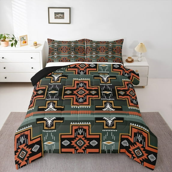 Homewish Bohemian Aztec Queen Comforter Set for Teen, Teal Orange Square Bedding Sets, Vintage Mandala Western Reversible Bedding Comforter Set, Breathable Home Decor, 3-Piece