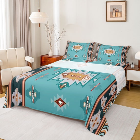 Homewish Bohemian Aztec Triangle Bed Sheets, Cyan Southwestern Style King Sheets, Teens Kids Women Men Sheet Set, Luxury Bedroom Decor, 4 Pieces