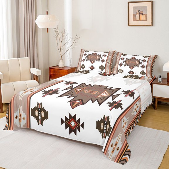 Homewish Bohemian Aztec Triangle Bed Sheets, White Brown Southwestern Style King Sheets, Teens Kids Women Men Sheet Set, Microfiber Bedroom Decor, 4pcs