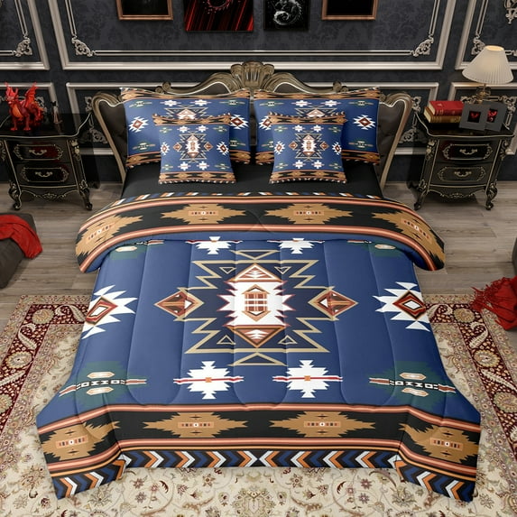 Homewish Bohemian Aztec Triangle Bedding Comforter Set 7pcs, Blue Brown Southwestern Style King Bedding Sets, Teens Kids Women Men Reversible Bed Sheets, Microfiber Bedroom Decor