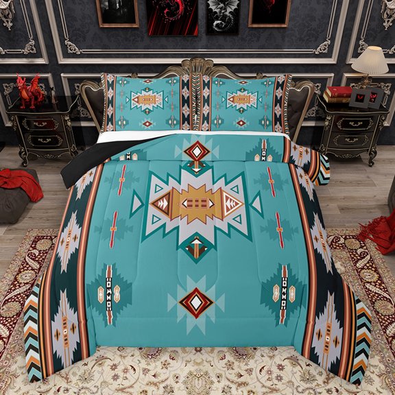 Homewish Bohemian Aztec Triangle Queen Comforter Set, Cyan Southwestern Style Bedding Sets, Teens Kids Women Men Reversible Bedding Comforter Set, Luxury Bedroom Decor, 3 Pieces