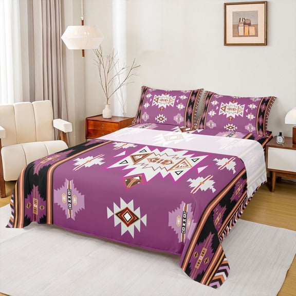 Homewish Bohemian Aztec Triangle Queen Sheet Sets, Violet Southwestern Style Flat Sheet, Teens Kids Women Men Queen Fitted Sheet, Breathable Home Decor, 4-Piece