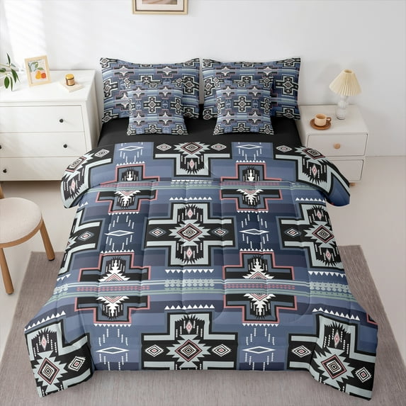 Homewish Bohemian Aztec Twin Bedding Sets 7-Piece for Teen, Blue Square Triangle Bedding Comforter Set, Vintage Mandala Western Reversible Sheet Sets, Lightweight Room Decor