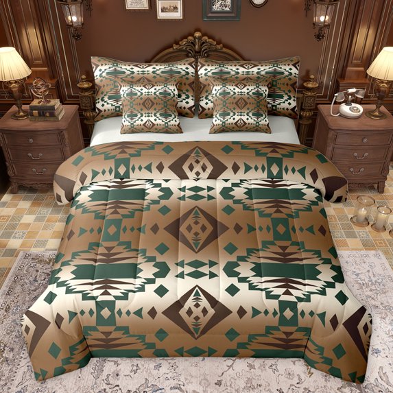 Homewish Bohemian Aztec Women Twin Bedding Sets 7-Piece, Brown Stripes Abstract Bedding Comforter Set, Rustic Farmhouse Style Reversible Sheet Sets, Lightweight Room Decor