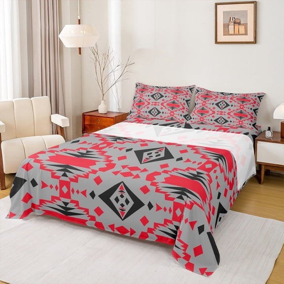 Homewish Bohemian Aztec Women Twin Sheet Sets, Grey Red Stripes Abstract Twin Fitted Sheet, Rustic Farmhouse Flat Sheet, Super Cozy Room Decor, 3pcs