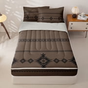 Homewish Bohemian Aztec Zipper Twin Comforter Sets with Fitted Sheet and 2 Pillowcases,Boho Tribal Exotic Style Zipper Bedding Set For Men Women,Black Brown,Reversible,4-Piece