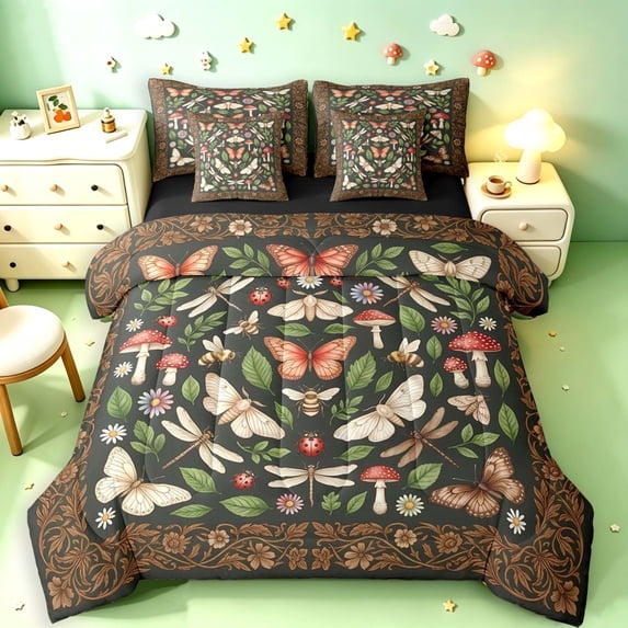 Homewish Bohemian Botanical Mushroom 7 Pieces Full Size Bedding Sets,Floral Butterfly Dragonflies Full Size Bed in a Bag,Black Reversible