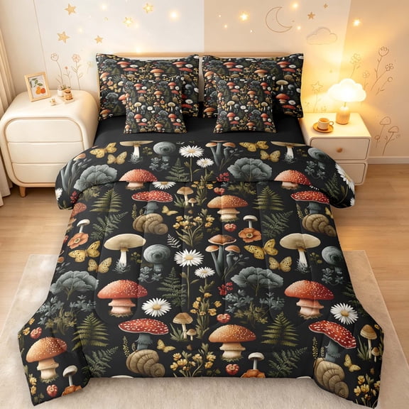 Homewish Bohemian Botanical Mushroom 7 Pieces Full Size Bedding Sets,Vintage Daisy Flowers Full Size Bed in a Bag,Black Reversible