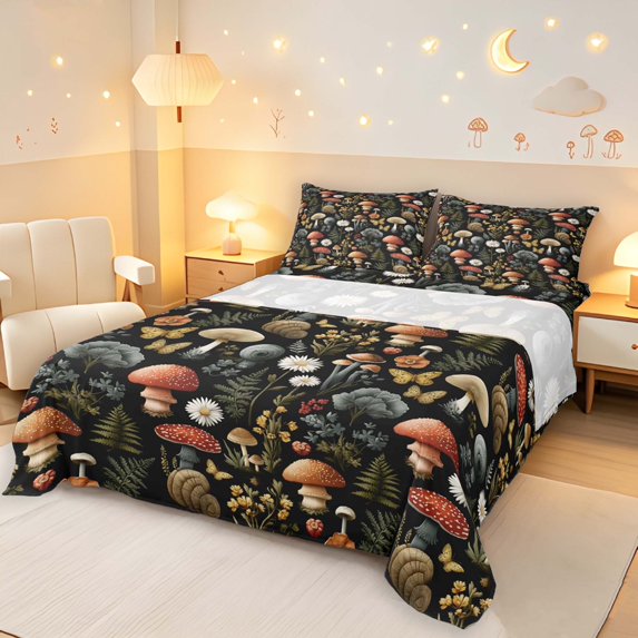 Homewish Bohemian Botanical Mushroom Queen Sheets,Vintage Daisy Flowers Queen Sheet Sets,4pcs,1 Flat Sheet, 1 Fitted Sheet and 2 Pillowcases