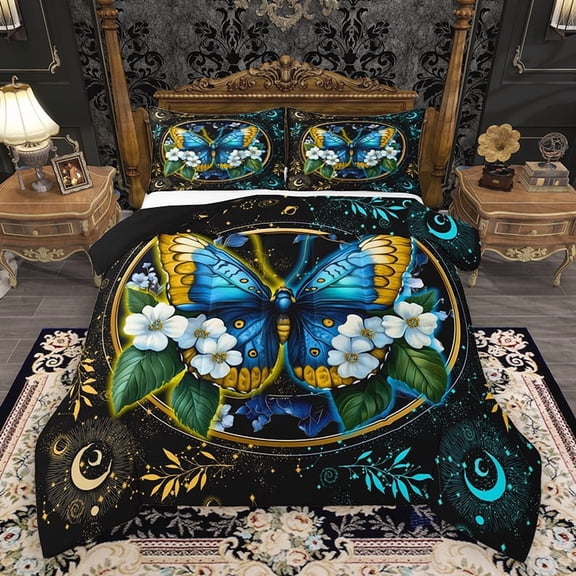 Homewish Bohemian Butterfly Animal Full Size Comforter Sets, Mystic Hippie Moon Sun Bedding Comforter Set, Rustic Flower Plant Reversible Bedding Sets, Breathable Home Decor, 3-Piece
