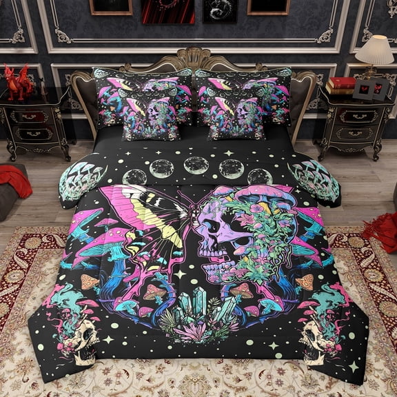 Homewish Bohemian Butterfly Skeleton Twin Bedding Sets 7-Piece, Mystic Galaxy Planet Bedding Comforter Set, Jungle Mushroom Floral Reversible Sheet Sets, Ultra Soft Bedroom Decor