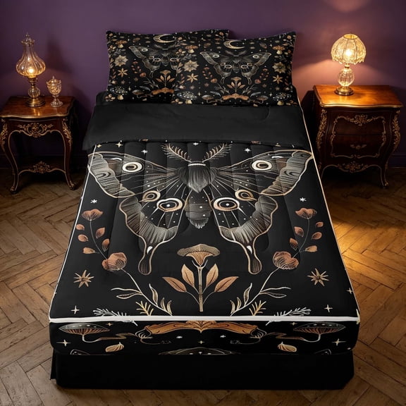 Homewish Bohemian Butterfly Zipper Twin Comforter Sets with Fitted Sheet and 2 Pillowcases, Mushroom Flower Zipper Bedding Set, Moon Print Decor, Black Reversible