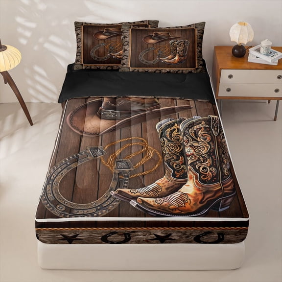 Homewish Bohemian Cowboy Boots Hat Zipper Twin Comforter Sets with Fitted Sheet and 2 Pillowcases,Rustic Horseshoe Texas Stars Pattern Zipper Bedding Set,Black Reversible,4 Pieces