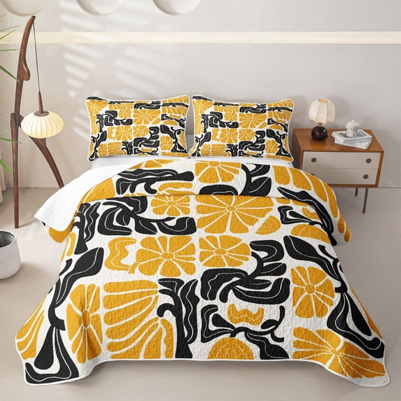 Homewish Bohemian Daisy Flowers Quilt King,Classic Aesthetic King Coverlet Set,Orange Black,3-Piece
