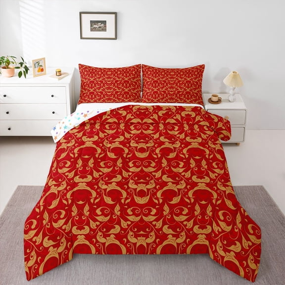 Homewish Bohemian Damask 2pcs Bedding Comforter Set for Teens Girls Boys,Exotic Style Twin Comforter Sets,Yellow Red Breathable Bedding Set,Lightweight Room Decor,Reversible