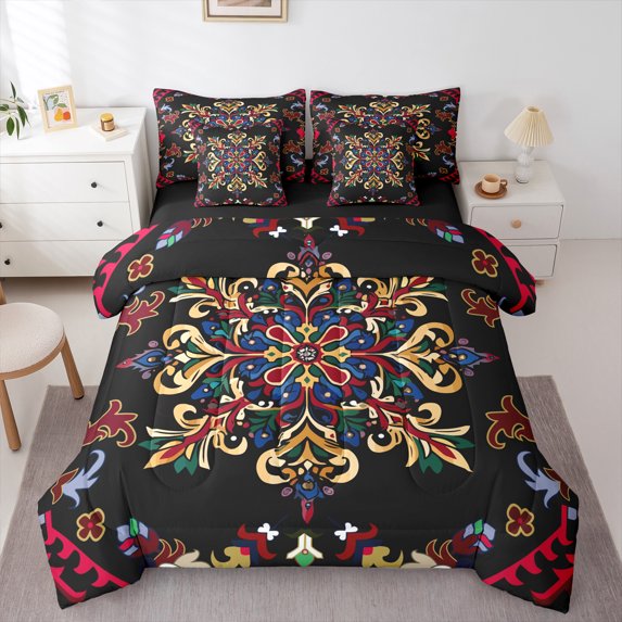 Homewish Bohemian Damask Mandala 7-Piece Bedding Comforter Set For Teens Female Men,Exotic Style King Bedding Sets,Traditional Floral Flower Ultra Soft Bed Sheets,Ultra Soft Home Decor,Reversible
