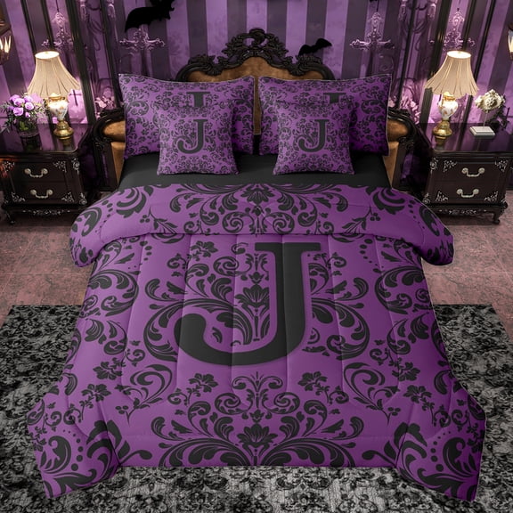 Homewish Bohemian Damask Print Bedding Comforter Set 7pcs, Purple Hippie Damask Floral Queen Bedding Sets, Vintage Letter J Reversible Queen Sheet Sets, Ultra Soft Bedroom Decor