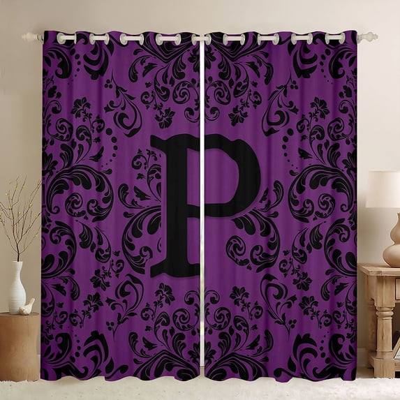Homewish Bohemian Damask Print Black Out Curtains, Purple Hippie Damask Floral Curtains Pack of 2 (42x63 Each), Vintage Letter P Bedroom Curtains, Black Out Curtains Bedroom Decor