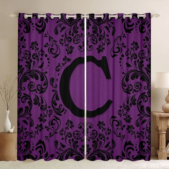 Homewish Bohemian Damask Print Blackout Curtains Set of 2 (52x84 Each), Purple Hippie Damask Floral Window Curtains, Vintage Letter C Curtains and Drapes, Curtains and Drapes Home Decor