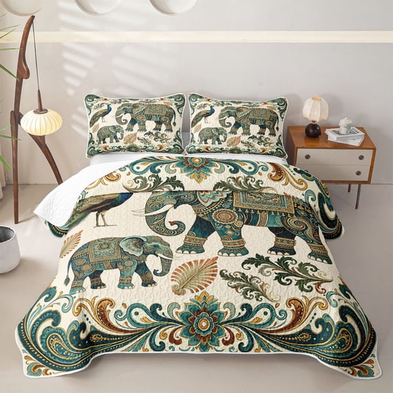 Homewish Bohemian Elephant Animals Bed Spread Queen,Paisley Peacock Queen Coverlet Set,Cream Green,3-Piece