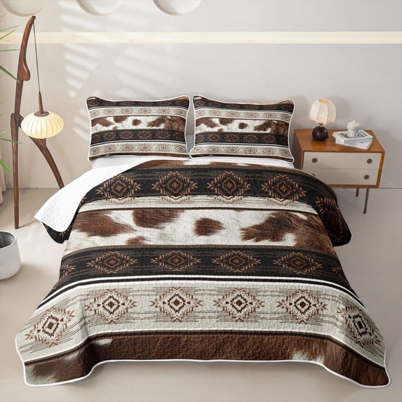 Homewish Bohemian Farm Cow Print Quilt Full,Boho Tribal Themed Full Bedspread Sets,Brown Cream,3-Piece