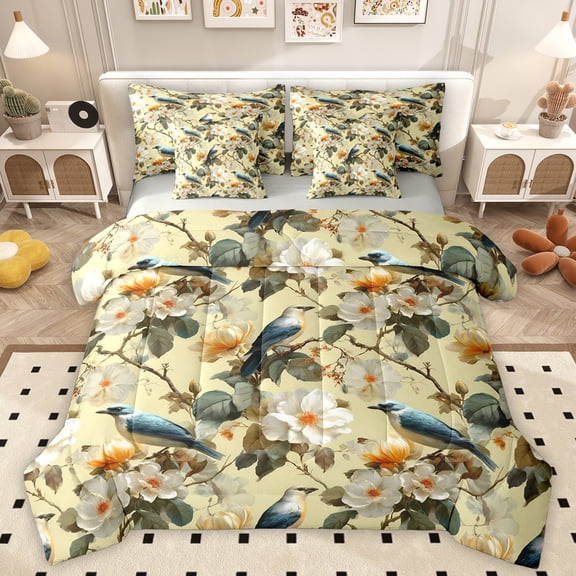 Homewish Bohemian Floral Flower Bedding Comforter Set 7pcs, Kawaii Rustic Bird King Bedding Sets, Southwestern Theme Reversible Bed Sheets, Luxury Bedroom Decor