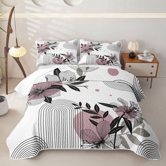 Homewish Bohemian Flowers Bed Spread Queen,Contemporary Stripes Queen Coverlet Set,White Pink,3 Pieces