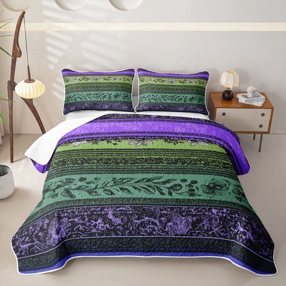 Homewish Bohemian Geometric Stripes Twin Quilt Set,Retro Floral Twin Coverlet Set,Purple,2pcs