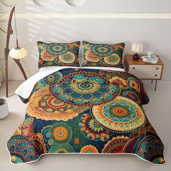 Homewish Bohemian Gold Mandala Quilt Full,Retro Exotic Paisley Full Bedspread Sets,3pcs