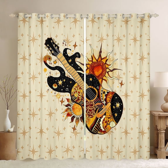 Homewish Bohemian Guitar Kitchen Curtains, Exotic Style Stars Black Out Curtains Pack of 2 (42x63 Each)