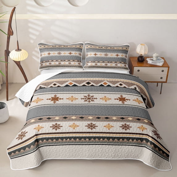 Homewish Bohemian Horizontal Striped Quilt King,Boho Tribal Style King Coverlet Set,Gray,3 Pieces