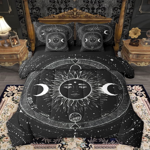 Homewish Bohemian Life Tree Bedding Comforter Set 7pcs for Kids, Black White Galaxy King Bedding Sets, Mystic Sun Moon Reversible Bed Sheets, Lightweight Room Decor