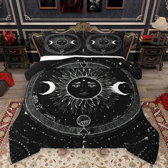 Homewish Bohemian Life Tree Queen Comforter Set for Kids, Black White Galaxy Bedding Sets, Mystic Sun Moon Reversible Bedding Comforter Set, Lightweight Room Decor, 3pcs