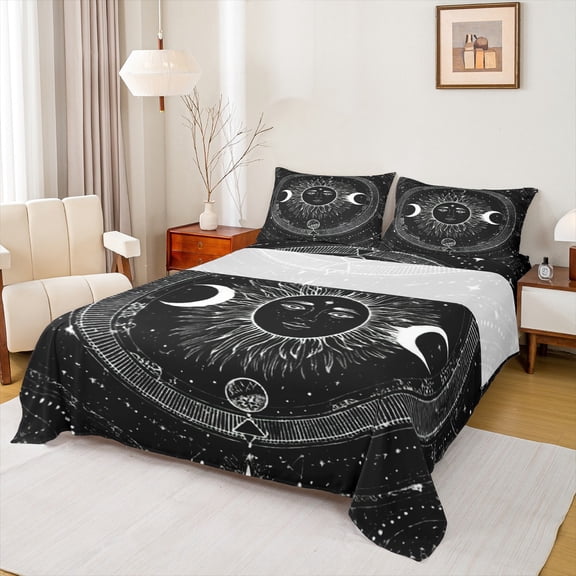 Homewish Bohemian Life Tree Queen Sheet Sets for Kids, Black White Galaxy Flat Sheet, Mystic Sun Moon Queen Fitted Sheet, Lightweight Room Decor, 4pcs