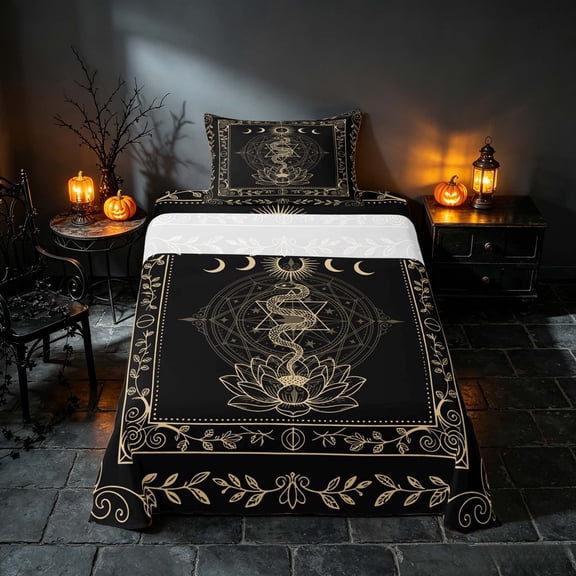 Homewish Bohemian Lotus Twin Sheets, Hippie Moon Phase Bedding, Black Beige, 3 Pieces (1 Flat Sheet, 1 Fitted Sheet and 1 Pillowcase)
