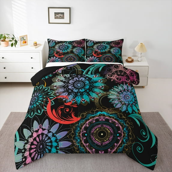 Homewish Bohemian Mandala 3 Pieces Queen Comforter Set for Female Women Men,Bohemian Flower Ultra Soft Bedding Sets,Exotic Style Bedding Comforter Set,Luxury Bedroom Decor,Reversible