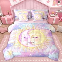 Homewish Bohemian Moon Sun Twin Bedding Sets 7-Piece for Teens Boys Girls,Purple Golden Bedding Comforter Set Microfiber,Boho Theme Breathable Sheet Sets,Ultra Soft Home Decor,Reversible