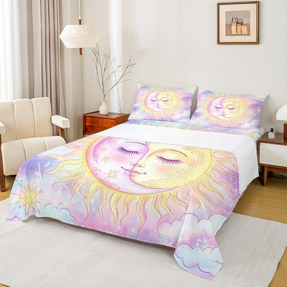 Homewish Bohemian Moon Sun Twin Sheet Sets 3pcs for Teens Boys Girls,Purple Golden Twin Fitted Sheet Microfiber,Boho Theme Breathable Flat Sheet,Ultra Soft Home Decor