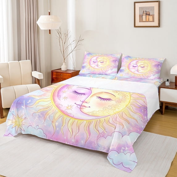 Homewish Bohemian Moon Sun Twin Sheet Sets 3pcs for Teens Boys Girls,Purple Golden Twin Fitted Sheet Microfiber,Boho Theme Breathable Flat Sheet,Ultra Soft Home Decor